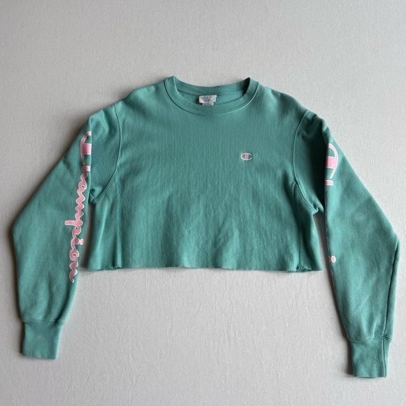 Champion Tops - Champion Cropped Mint and Pink Sleeve Logo Crewneck